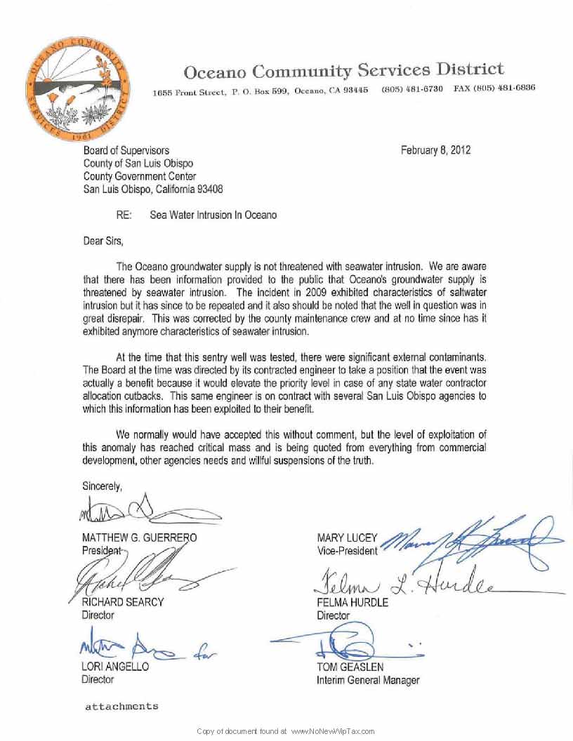 2/10/12 Oceano CSD letter on Seawater Intrusion